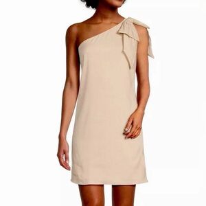 Antonio Melani 12 Khaki Tan Linen One Shoulder Shift Dress Bow Detail Lined EUC
